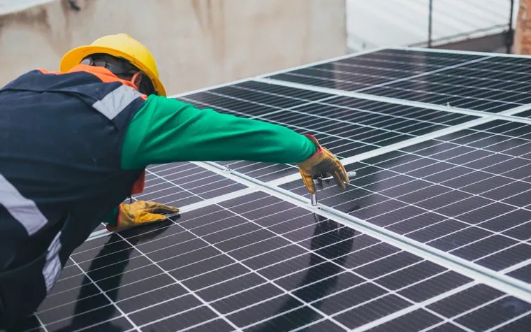 Técnico fazendo manutenção em painéis fotovoltaicos