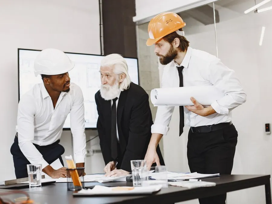 Equipe analisando o projeto de um cliente em reunião